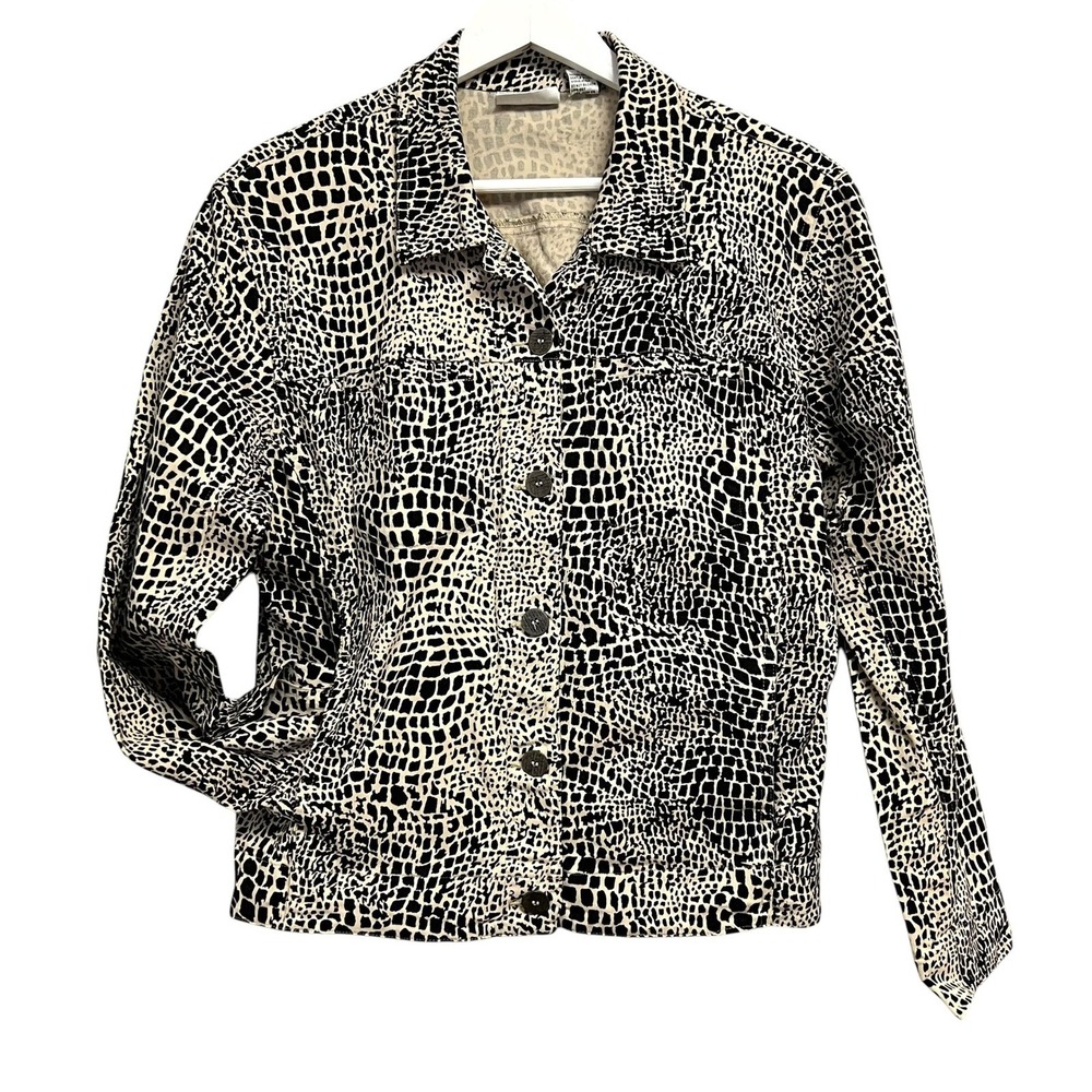 Chico's Design Jacket Womens Size M‎ Black Cream Animal Print Stretch Eclectic